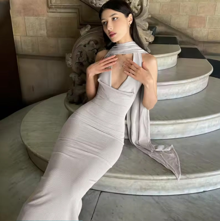 Backless Halter Women Evening Dress With Scarf Hollow Back Split Skinny Ladies Formal Occasion Prom Bodycon Vestidos