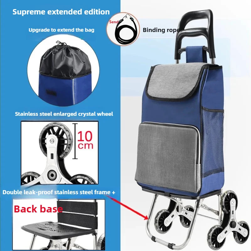 Foldable Grocery Cart with Stair-Climb Wheels - Lightweight Portable Trolley for Elderly Collapsible Hand Cart for Home/Outdoor