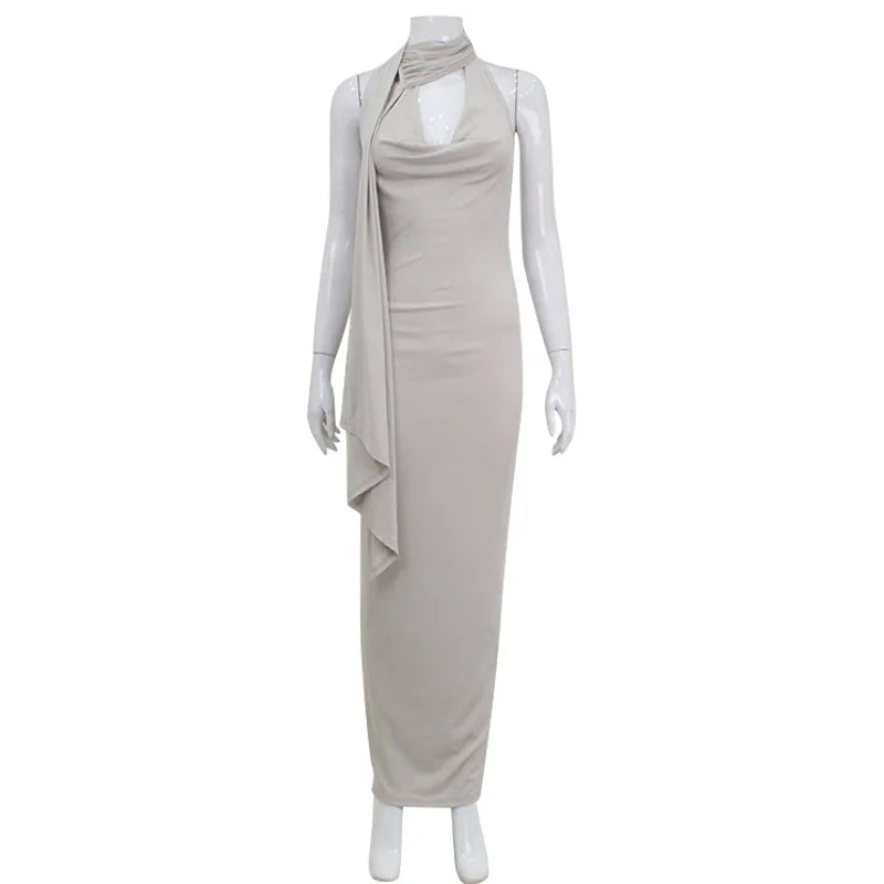 Backless Halter Women Evening Dress With Scarf Hollow Back Split Skinny Ladies Formal Occasion Prom Bodycon Vestidos