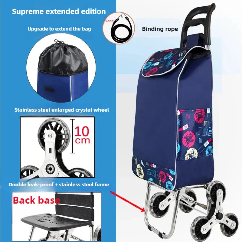 Foldable Grocery Cart with Stair-Climb Wheels - Lightweight Portable Trolley for Elderly Collapsible Hand Cart for Home/Outdoor