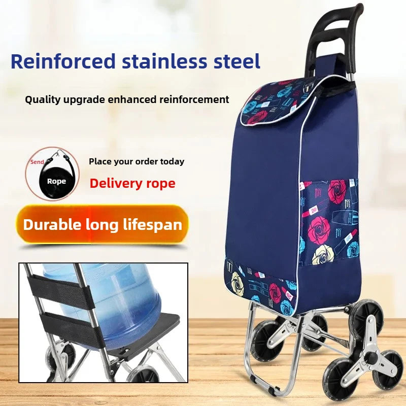 Foldable Grocery Cart with Stair-Climb Wheels - Lightweight Portable Trolley for Elderly Collapsible Hand Cart for Home/Outdoor