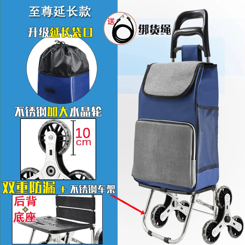 Foldable Grocery Cart with Stair-Climb Wheels - Lightweight Portable Trolley for Elderly Collapsible Hand Cart for Home/Outdoor