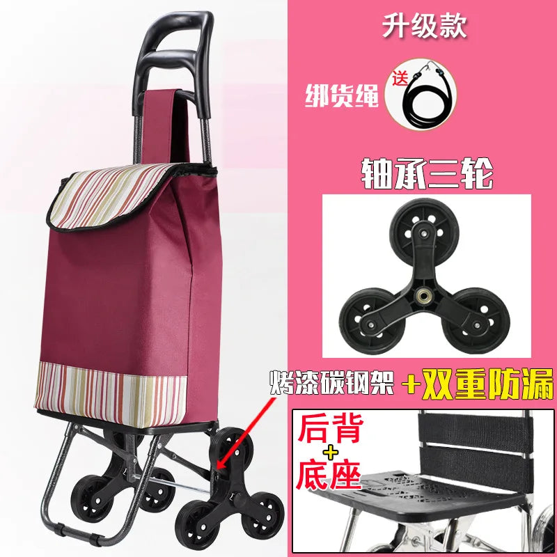 Foldable Grocery Cart with Stair-Climb Wheels - Lightweight Portable Trolley for Elderly Collapsible Hand Cart for Home/Outdoor