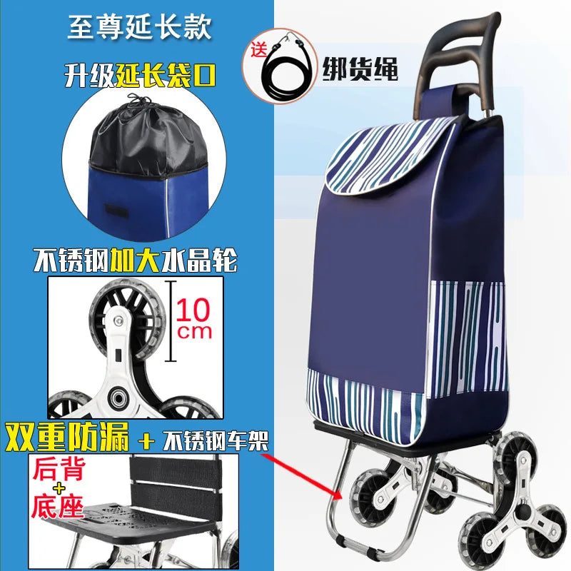Foldable Grocery Cart with Stair-Climb Wheels - Lightweight Portable Trolley for Elderly Collapsible Hand Cart for Home/Outdoor
