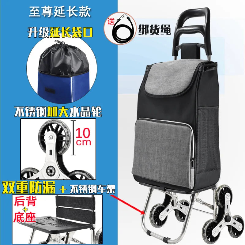 Foldable Grocery Cart with Stair-Climb Wheels - Lightweight Portable Trolley for Elderly Collapsible Hand Cart for Home/Outdoor