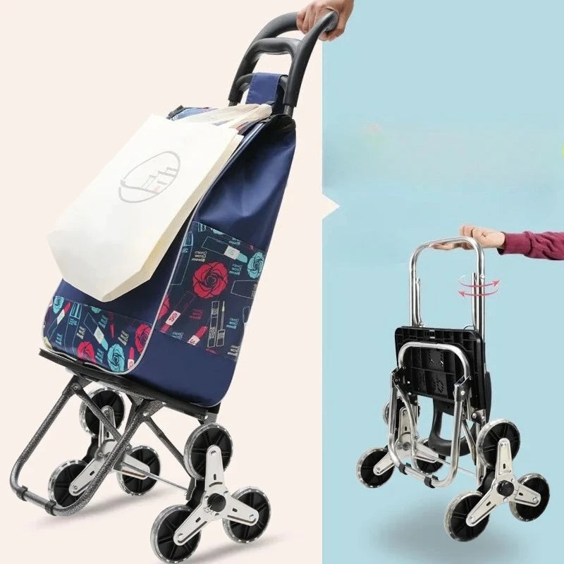 Foldable Grocery Cart with Stair-Climb Wheels - Lightweight Portable Trolley for Elderly Collapsible Hand Cart for Home/Outdoor