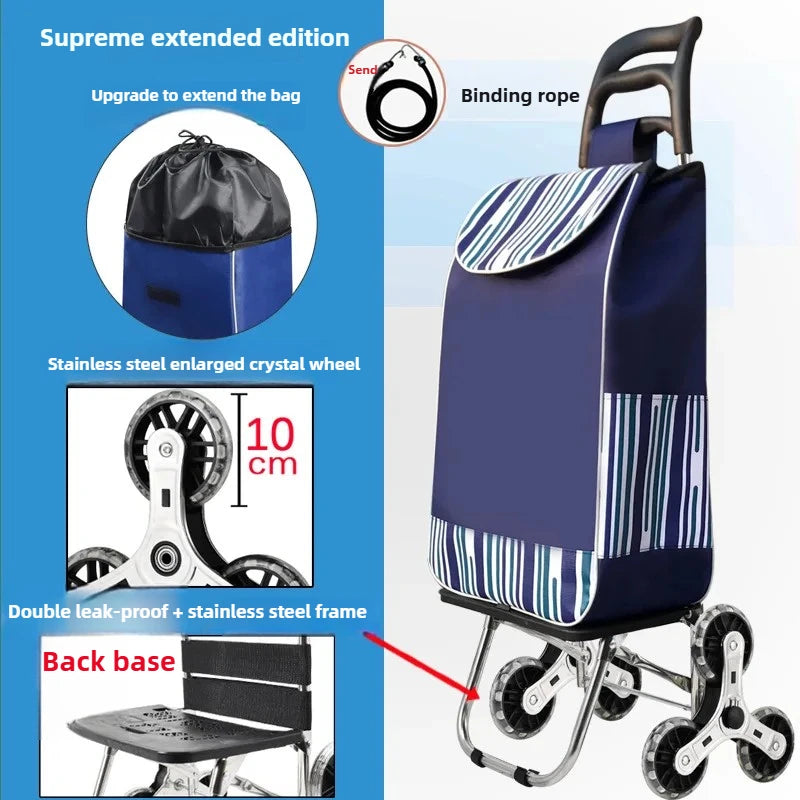 Foldable Grocery Cart with Stair-Climb Wheels - Lightweight Portable Trolley for Elderly Collapsible Hand Cart for Home/Outdoor