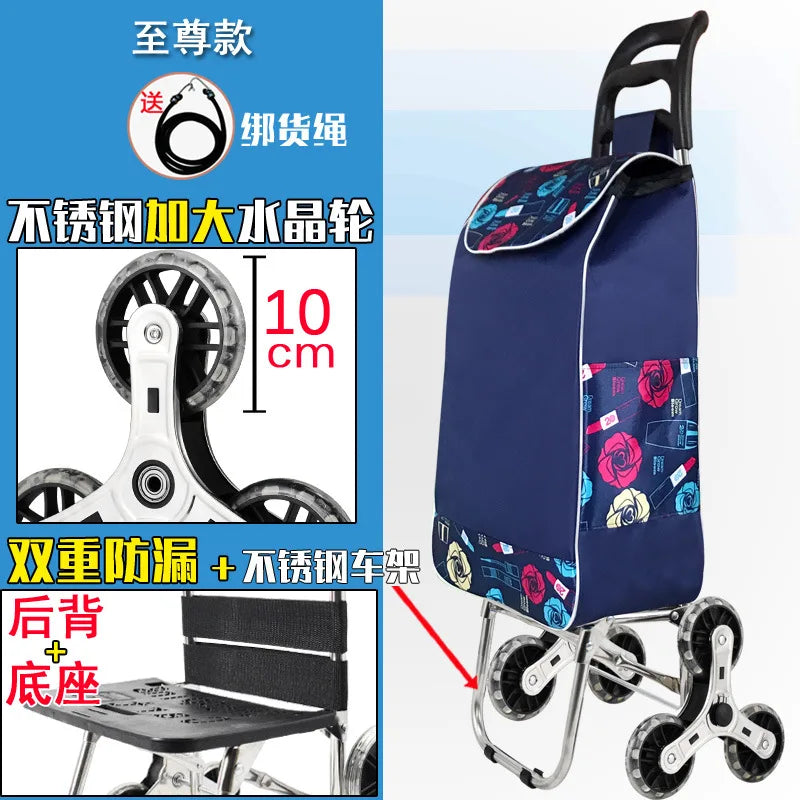 Foldable Grocery Cart with Stair-Climb Wheels - Lightweight Portable Trolley for Elderly Collapsible Hand Cart for Home/Outdoor