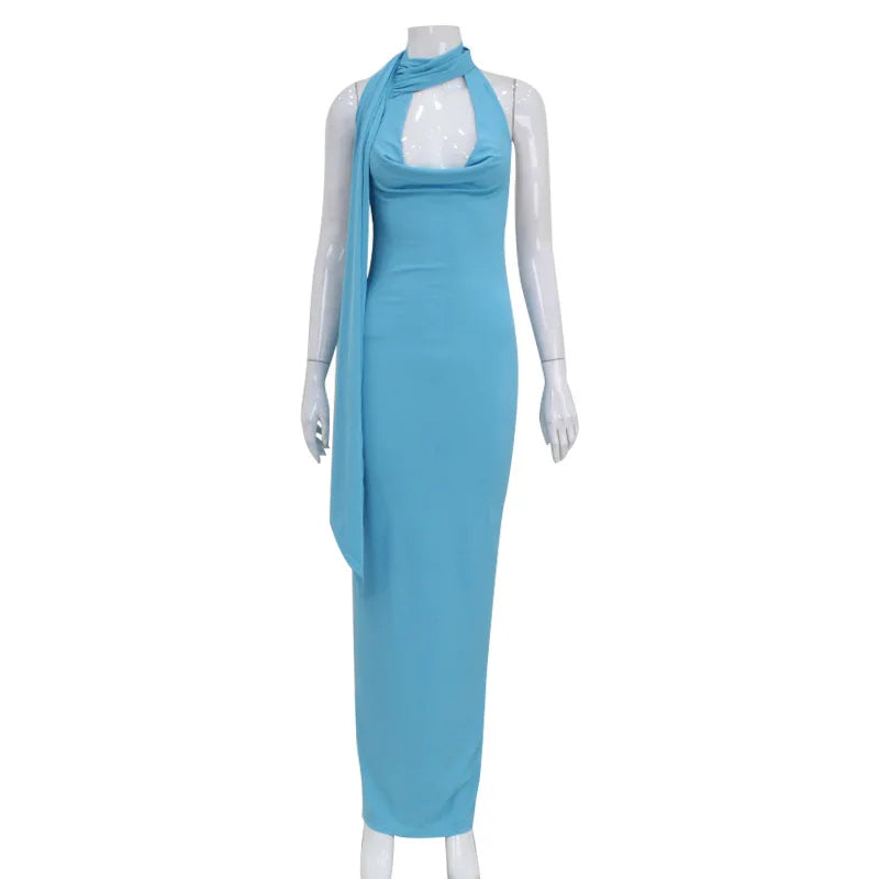 Backless Halter Women Evening Dress With Scarf Hollow Back Split Skinny Ladies Formal Occasion Prom Bodycon Vestidos