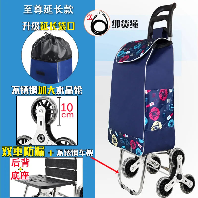 Foldable Grocery Cart with Stair-Climb Wheels - Lightweight Portable Trolley for Elderly Collapsible Hand Cart for Home/Outdoor